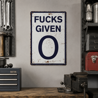 Fucks Given 0 Vintage Metal Sign – Funny Man Cave, Garage & Home Bar Decor