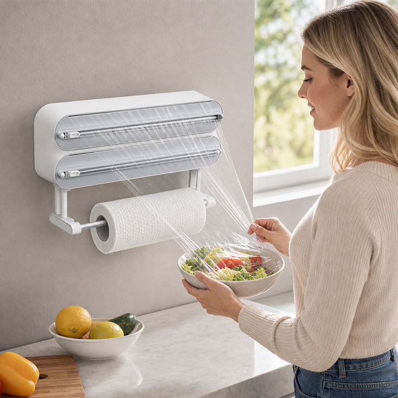 Food-Grade Cling Film Cutter with 50cm Magnetic Fridge Attachment & Paper Towel Holder